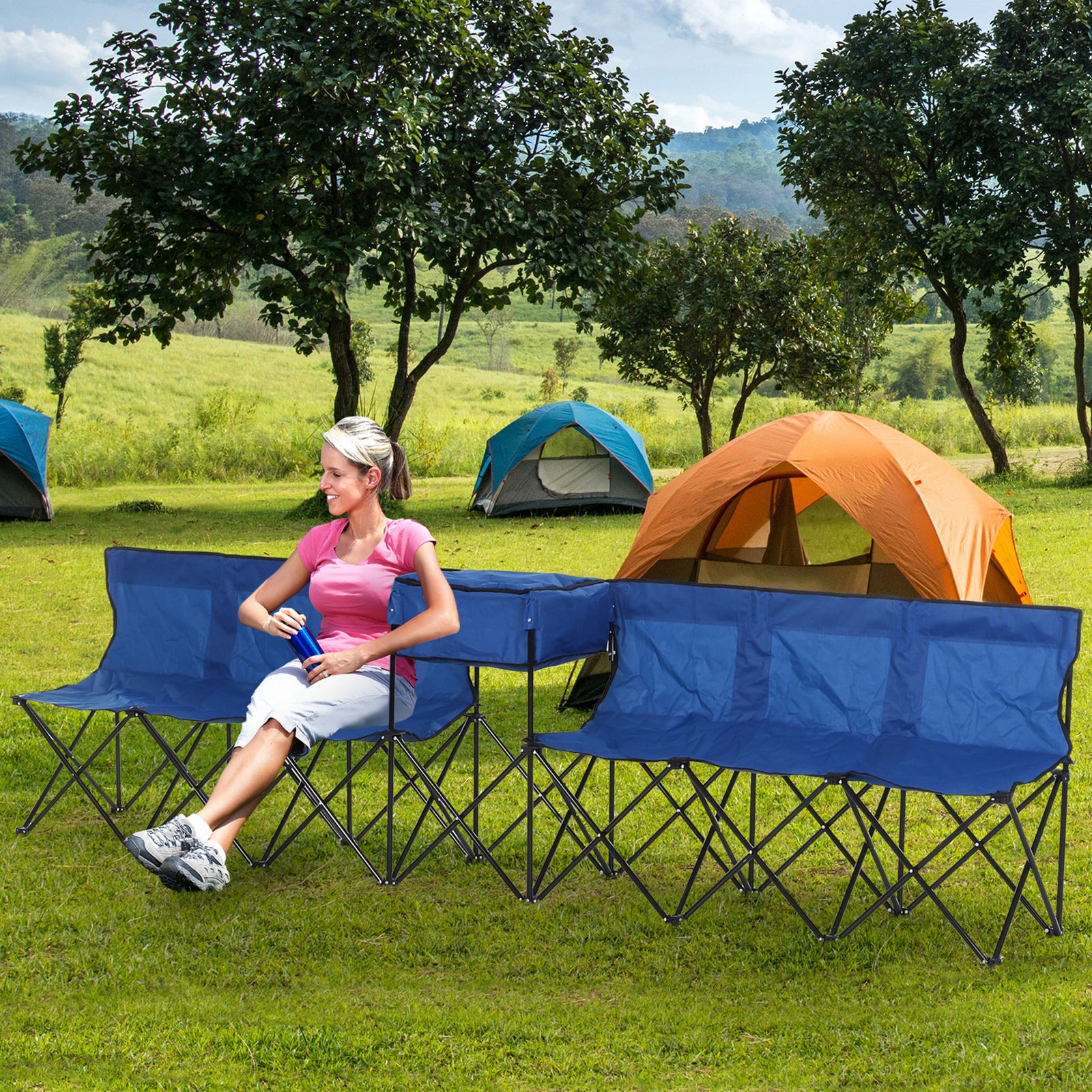 6 Seat Camping Bench Folding Portable Outdoor W/ Cooler Bag | Blue