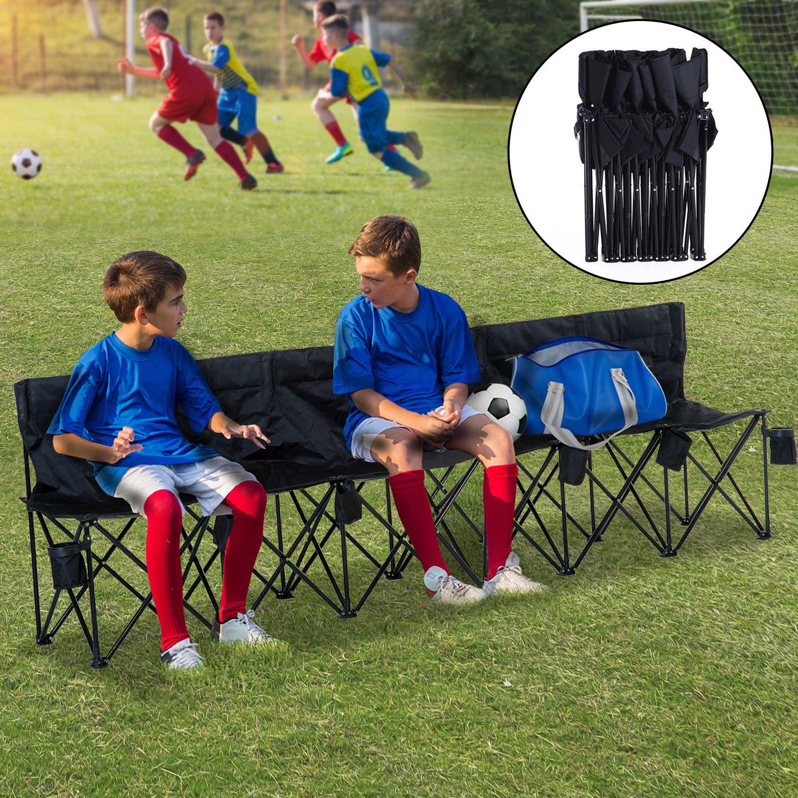 6 Seat Folding Bench Multi Deck Chair Cup Holder Camping | Black