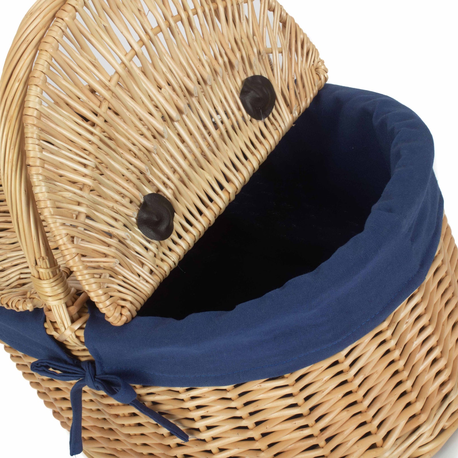 Wicker Oval Lidded Shopping Basket With Navy Blue Lining