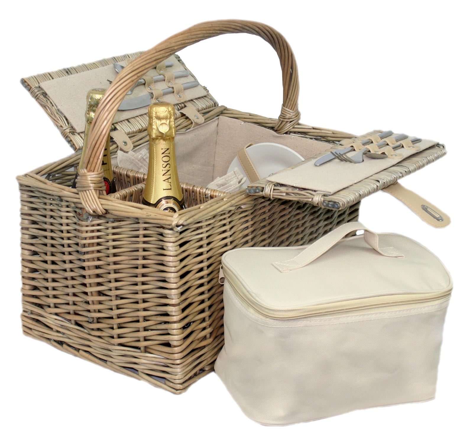 Wicker Double Lidded Fitted Picnic Basket | 2-Person | White