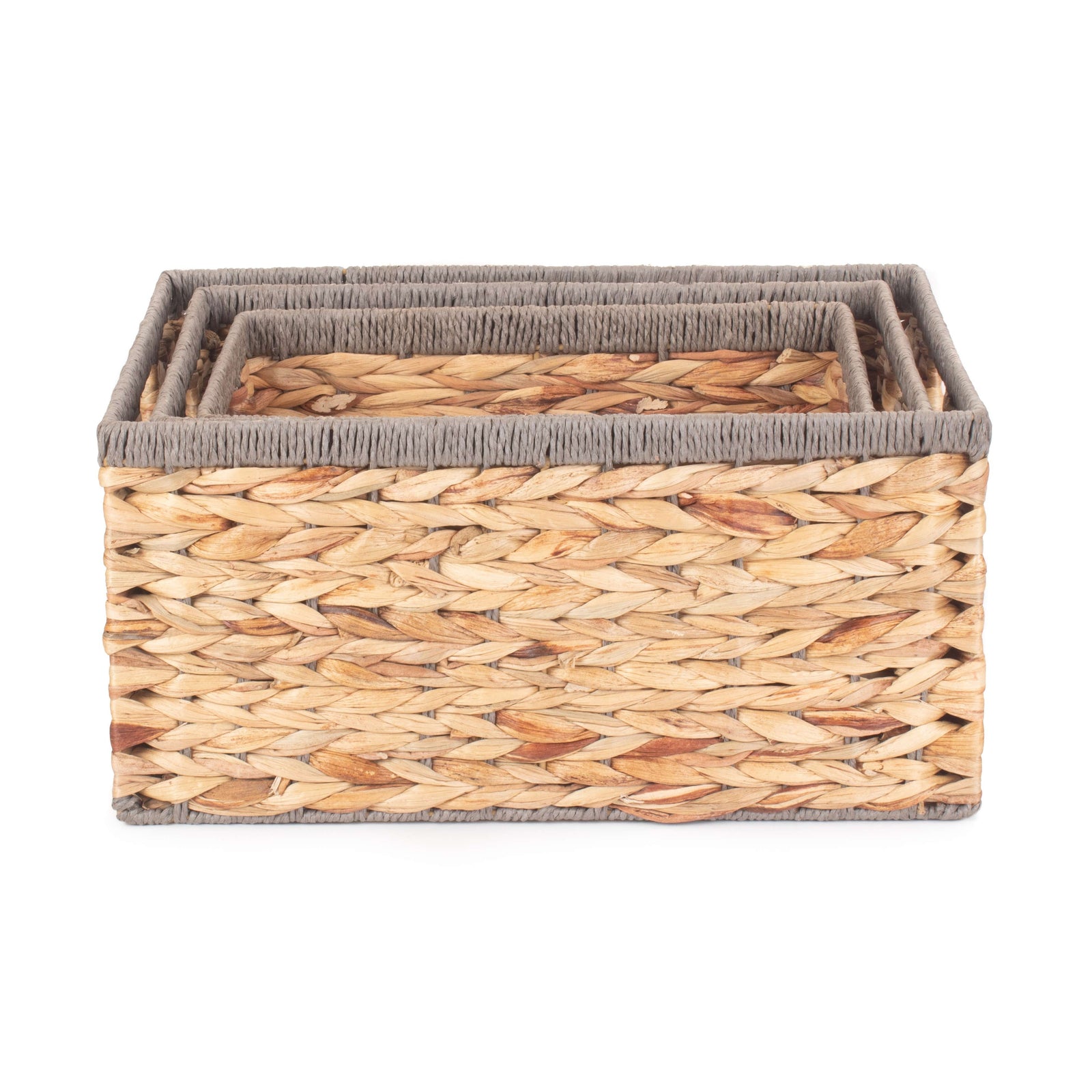 Water Hyacinth With Grey Rope Border Rectangular Storage Basket | Set-of-3 | Brown