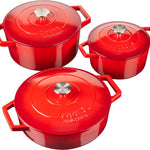 Cast Iron Casserole Set Of 3 20 Cm 26cm & 28cm / 2.8l 4.3l & 5.8l Dishes Oven Proof Enamelled Cast Iron Pans With Lids | Red