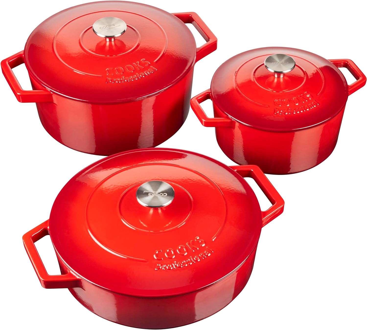 Cast Iron Casserole Set Of 3 20 Cm 26cm & 28cm / 2.8l 4.3l & 5.8l Dishes Oven Proof Enamelled Cast Iron Pans With Lids | Red