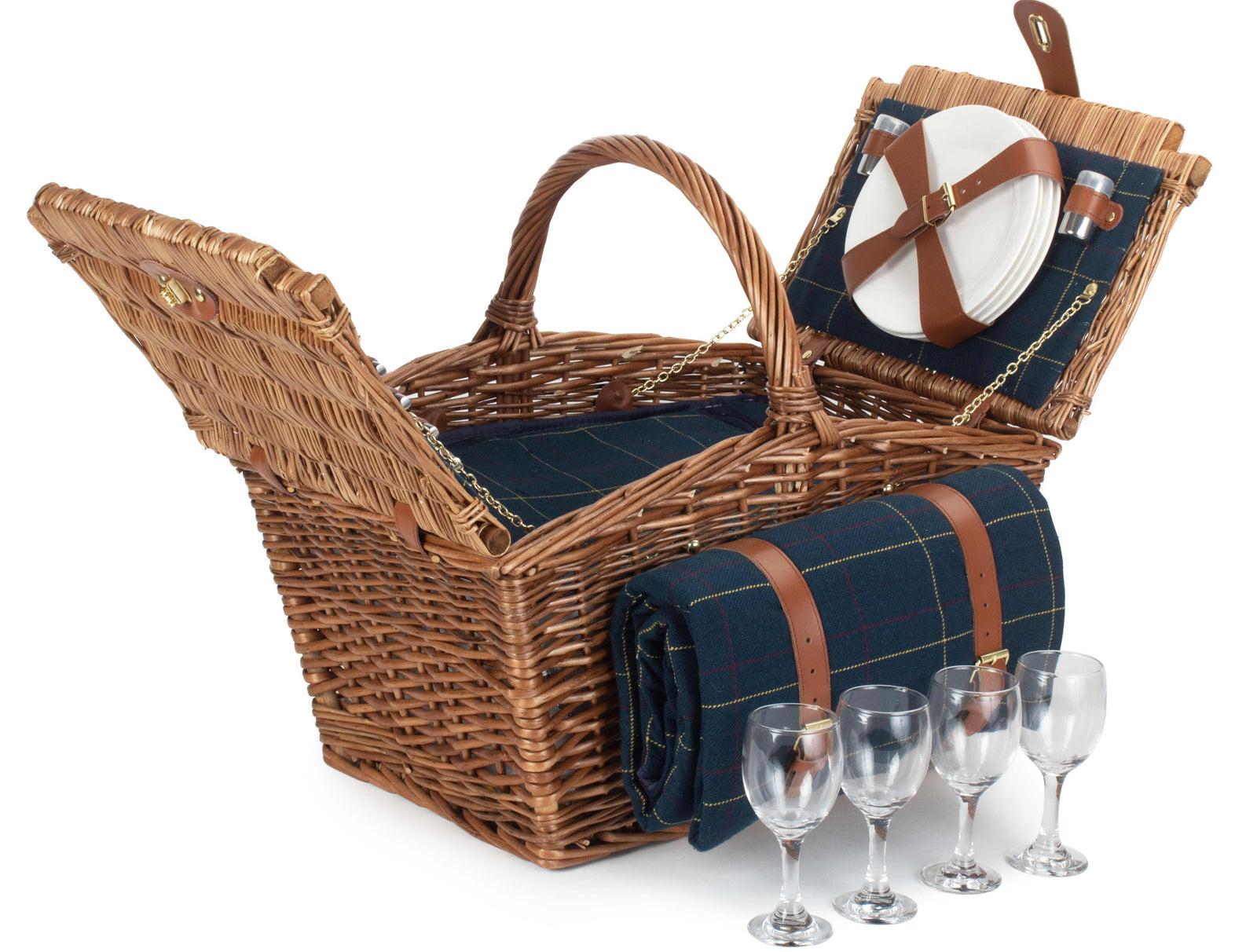 Elegant Blue Tweed Fitted Picnic Wicker Basket | 2-Person | Blue