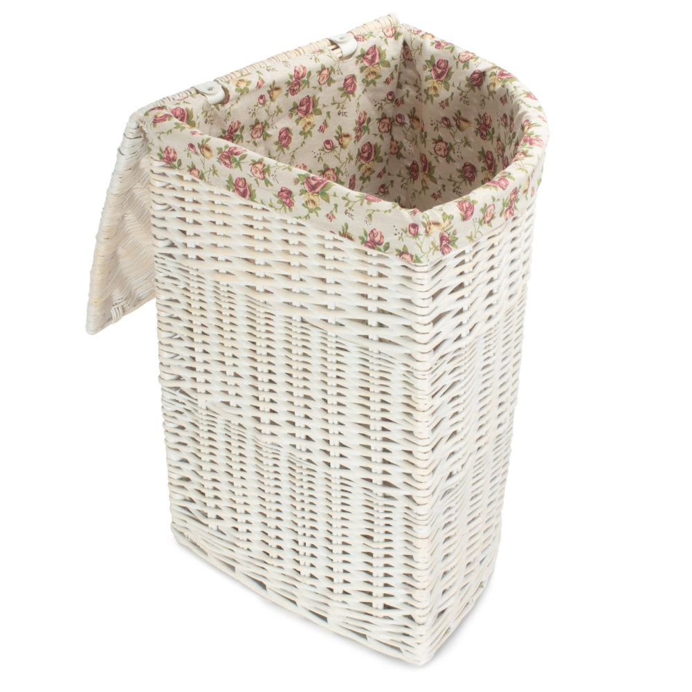 Corner White Wash Laundry Hamper With Garden Rose Lining | Large | Pink