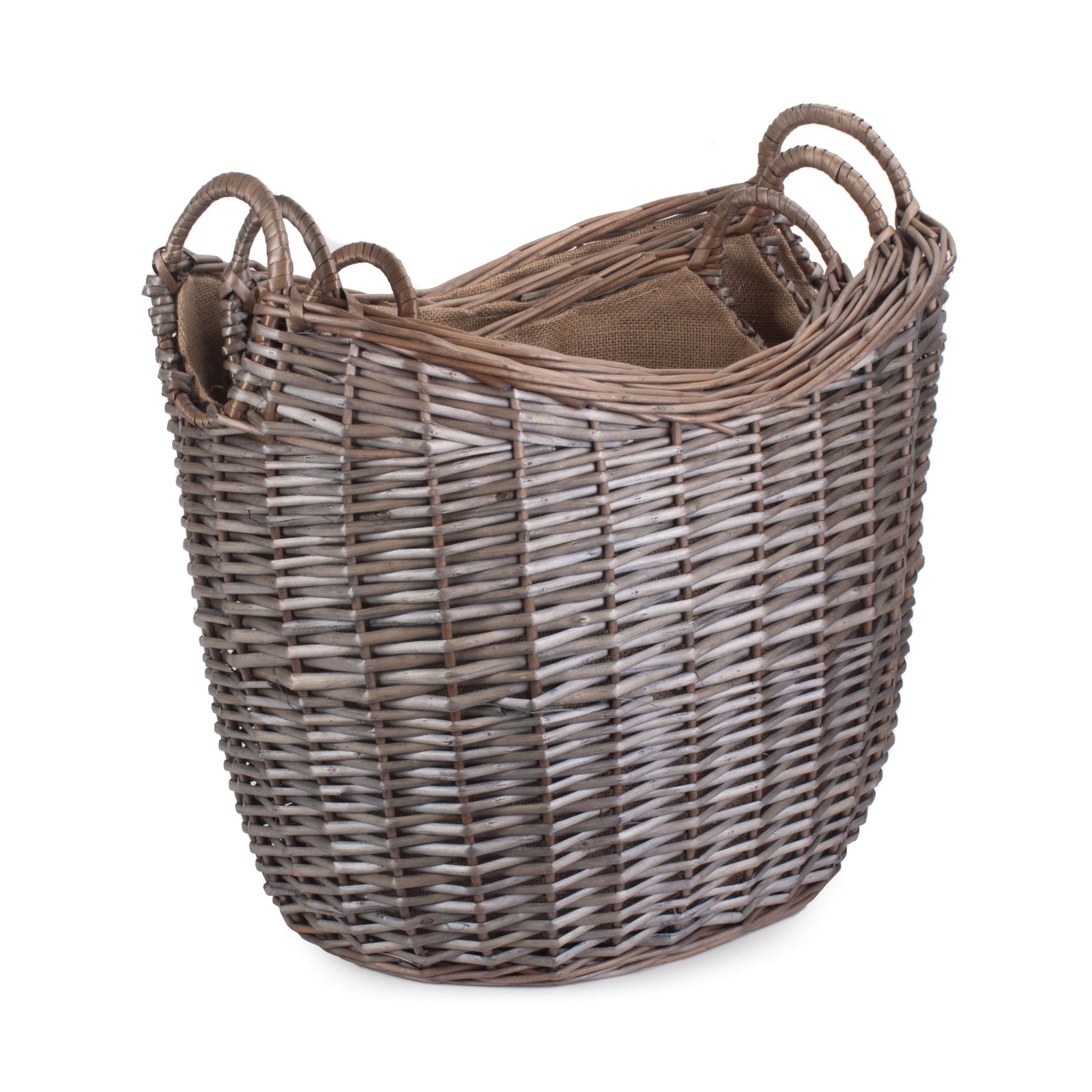 Wicker Scoop Neck Antique Wash Hessian Lined Log Basket | Set-of-3 | Brown