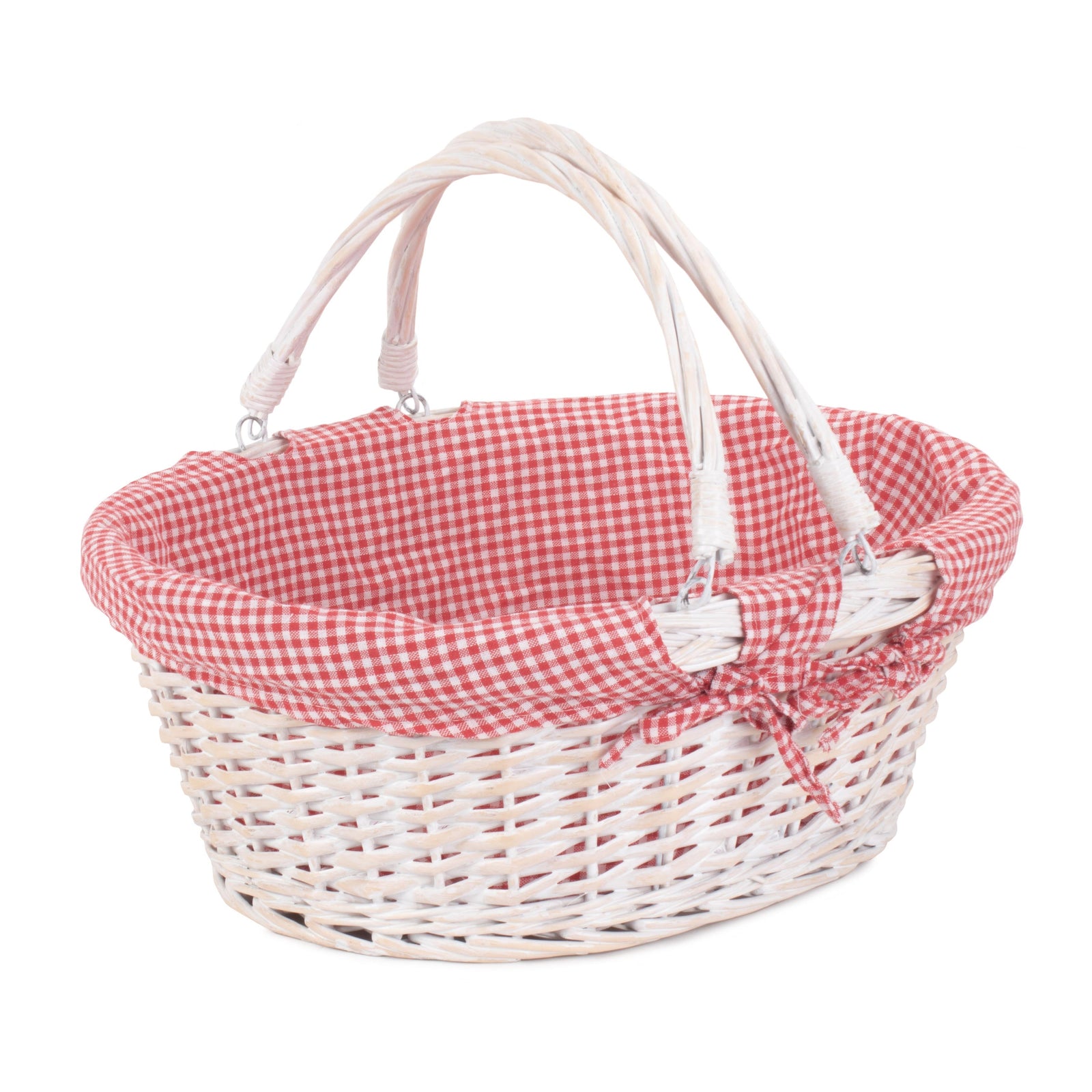 Red Checked Cotton Lined White Painted Swing Handle Wicker Shopping Basket | Large