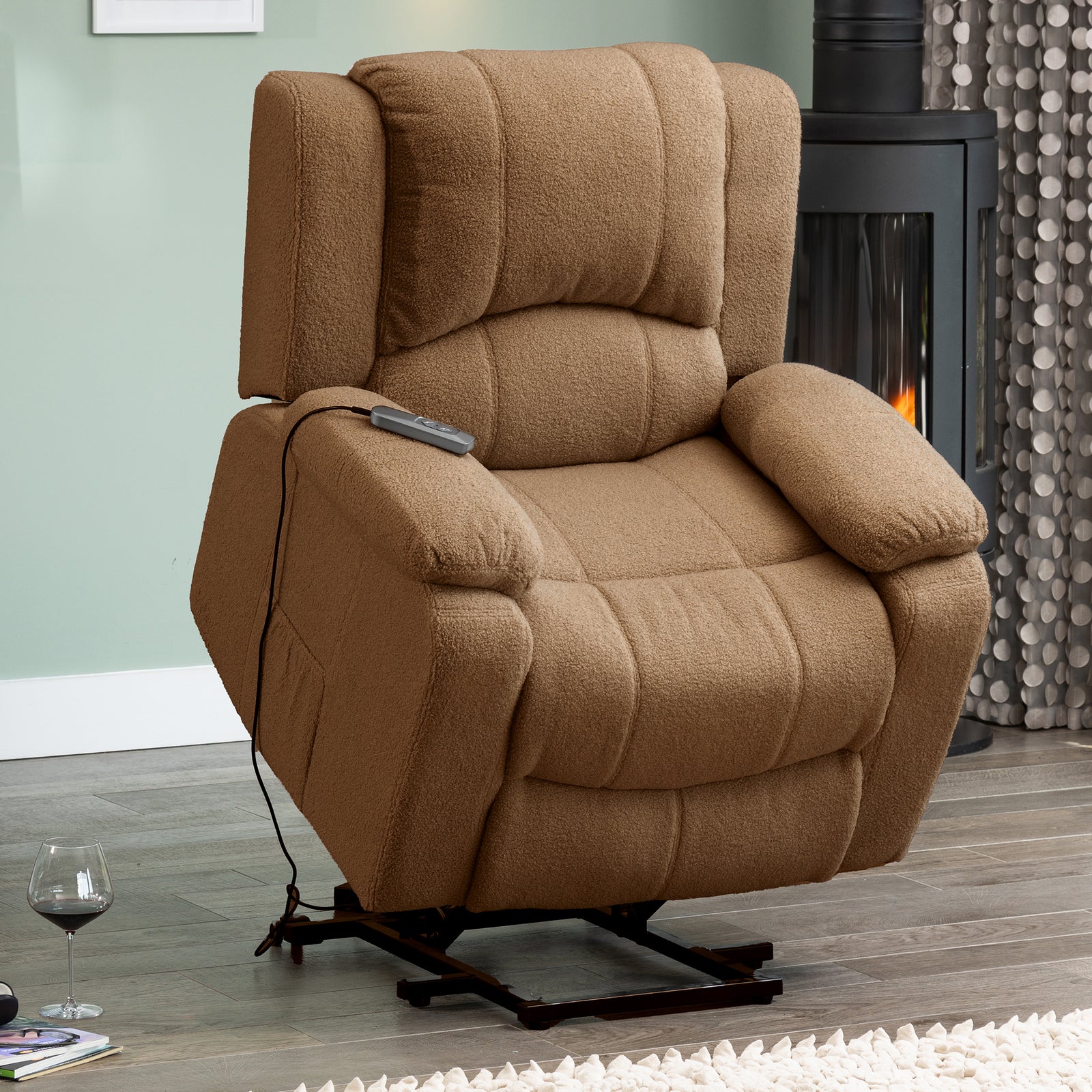 Ellington Boucle Fabric Electric Lift Assist Recliner With Massage And Heat | 1 | Pale Brown