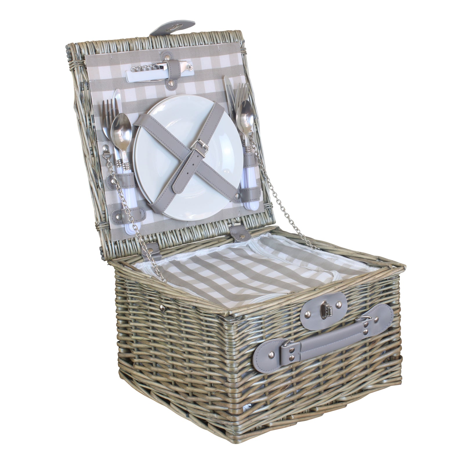 Red Hamper Grey Checked Picnic Wicker Basket With Cooler