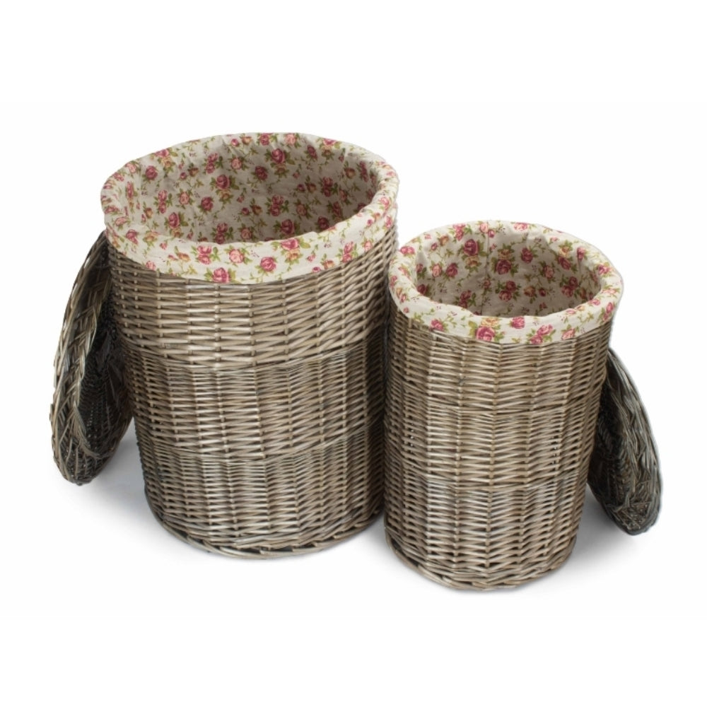 Rose Cotton Lined Wicker Antique Wash Round Laundry Baskets | Small | Pink