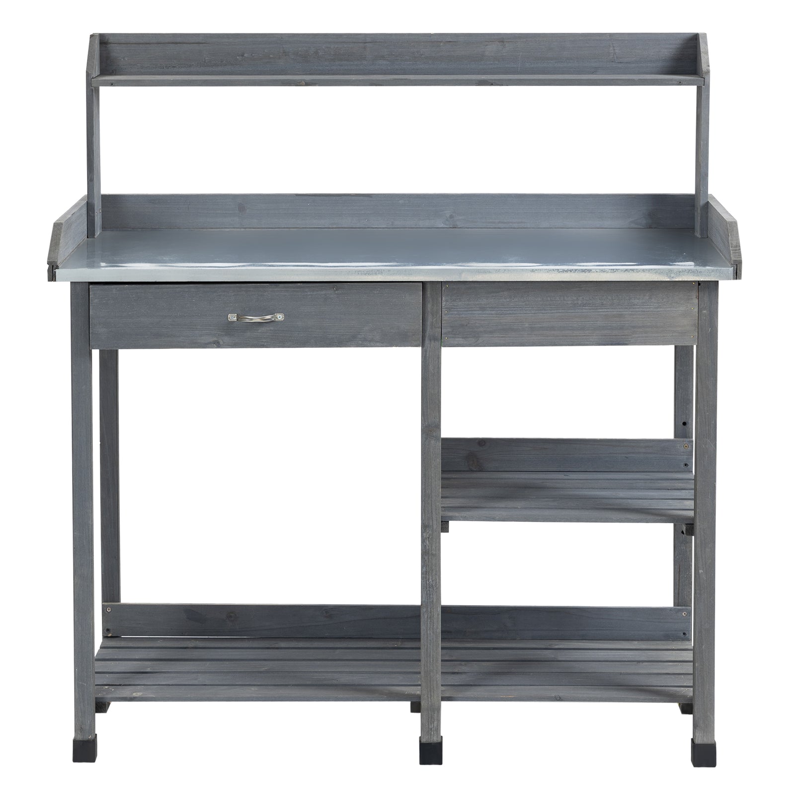 Potting Table, Galvanized Metal Tabletop, Shelves | Gray