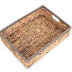 Shallow Rectangular Water Hyacinth With Grey Rope Border Storage Basket | Large | Brown