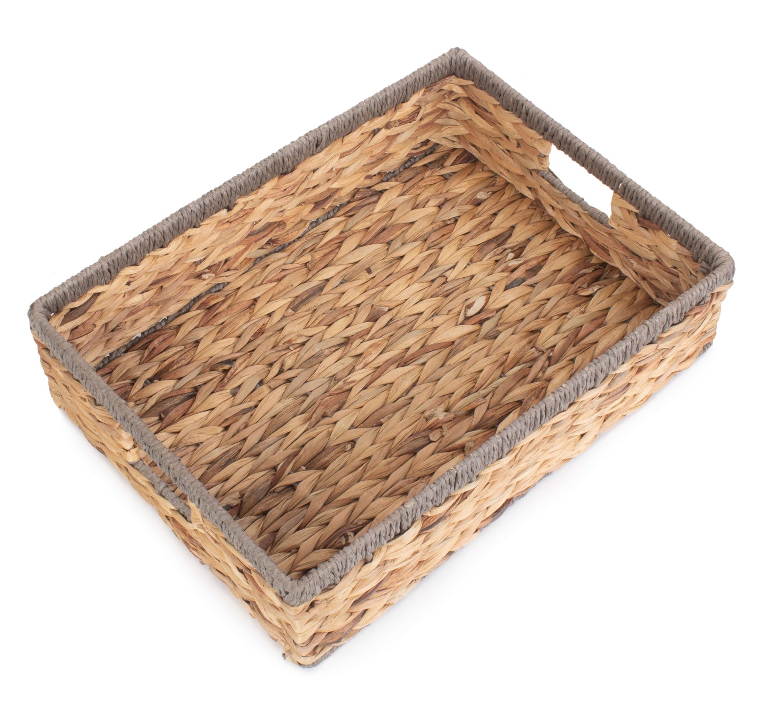 Shallow Rectangular Water Hyacinth With Grey Rope Border Storage Basket | Large | Brown