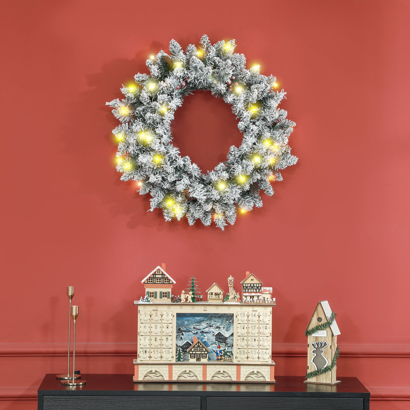 60cm Flocked Christmas Wreath With Lights