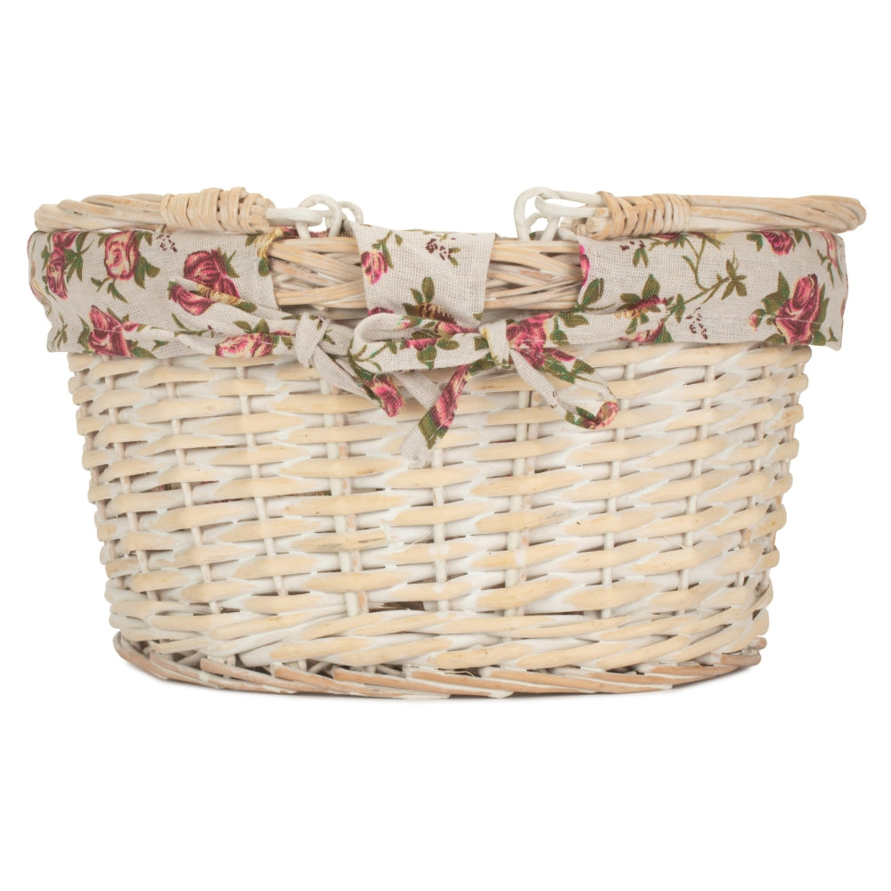 Rose Garden Cotton Lined White Painted Swing Handle Wicker Shopping Basket | Large | Pink