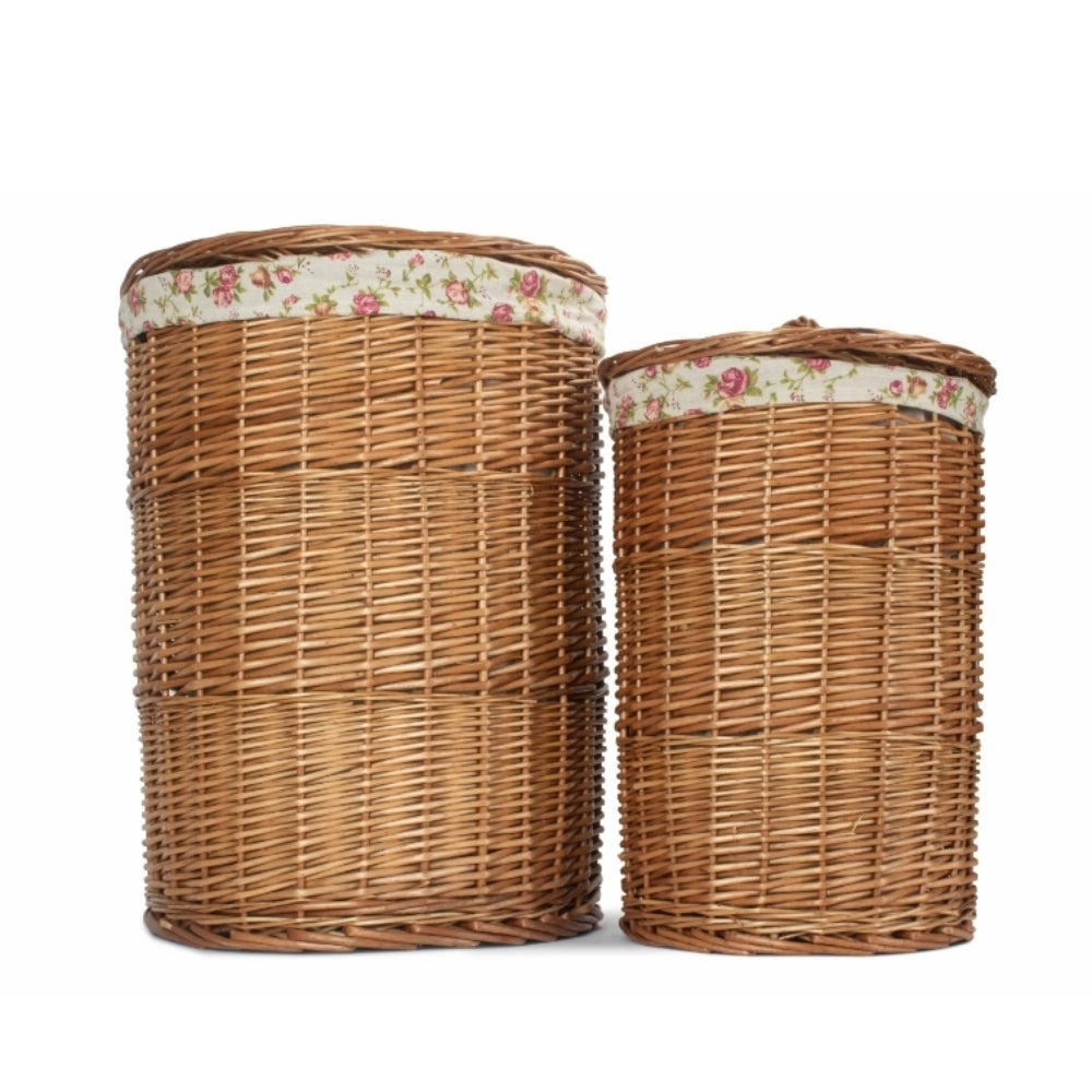 Garden Rose Cotton Lined Light Steamed Round Laundry Baskets | Set-of-2 | Pink