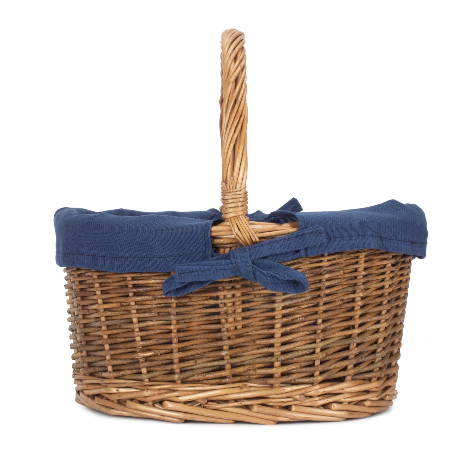 Navy Blue Lined Country Oval Wicker Shopping Basket | Large