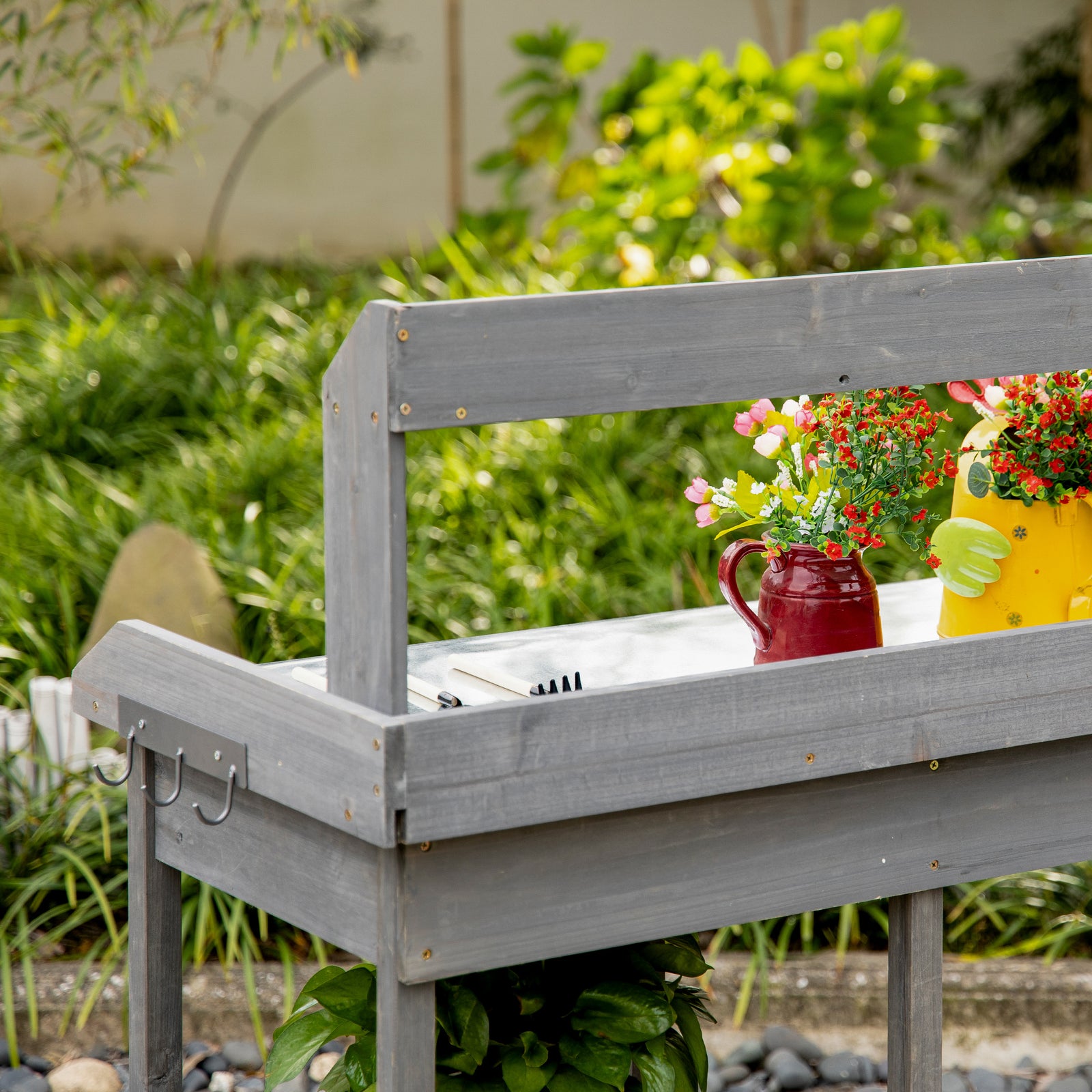 Potting Table, Galvanized Metal Tabletop, Shelves | Gray