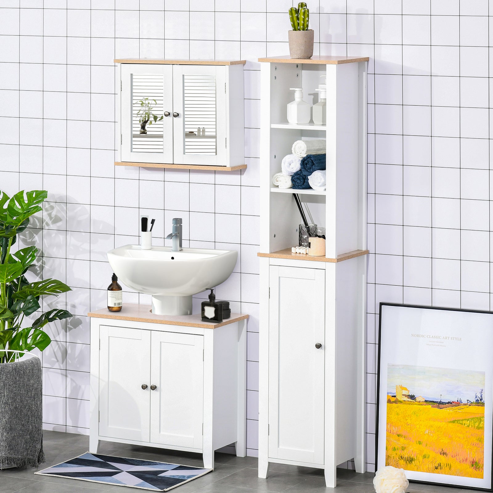 Bathroom Pedestal Under Sink Cabinet Floor W/ Storage Shelf