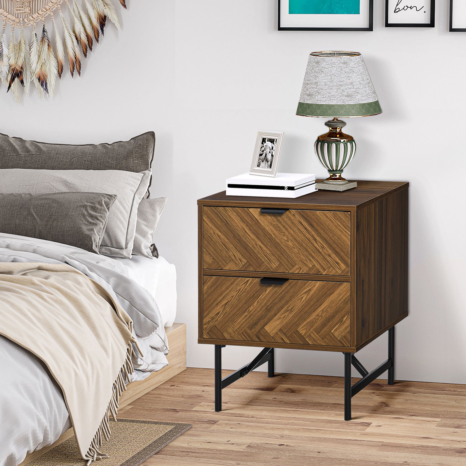 Two-drawer Herringbone Bedside Table Home Cabinet