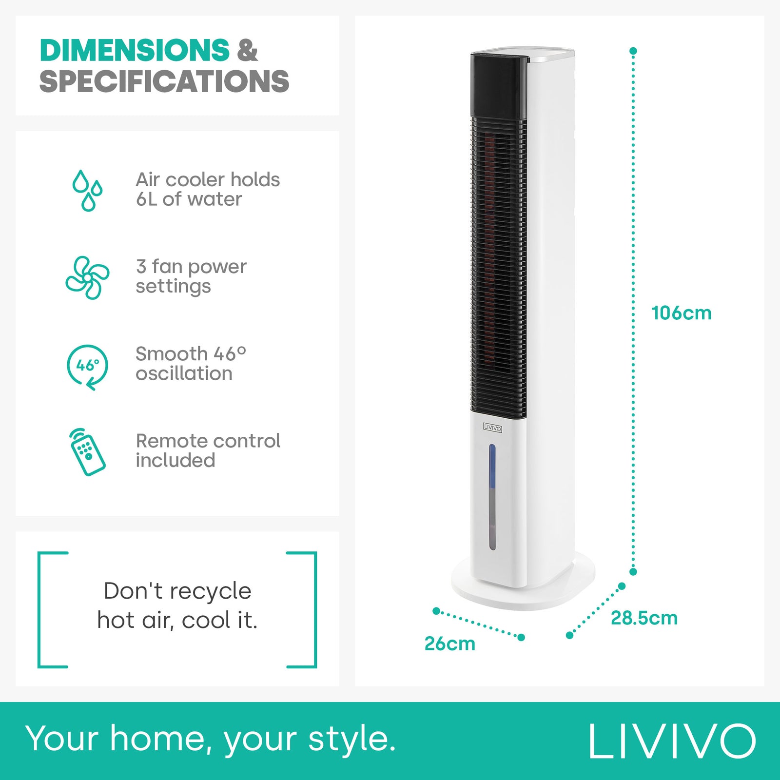 Livivo Tower Air Cooler 6l - White