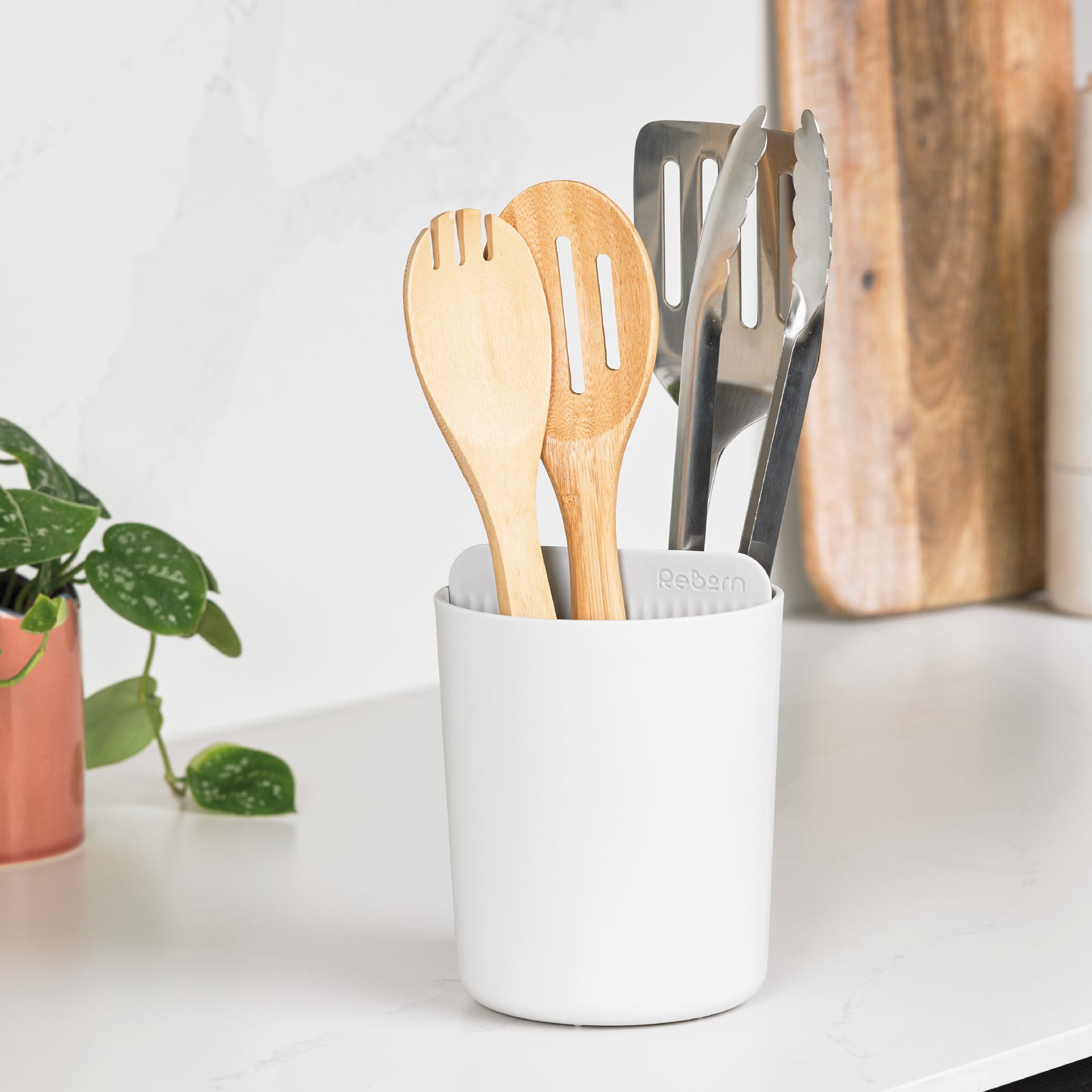 ReBorn Recycled Utensil Holder - Stone Kitchen Organiser - Two Sections, Organised and Tidy - Made in UK