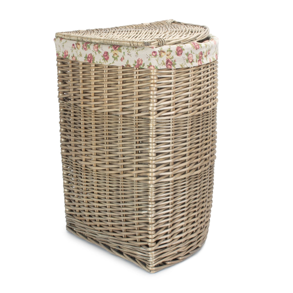 Rose Cotton Lined Antique Wash Wicker Corner Laundry Basket | Large | Pink