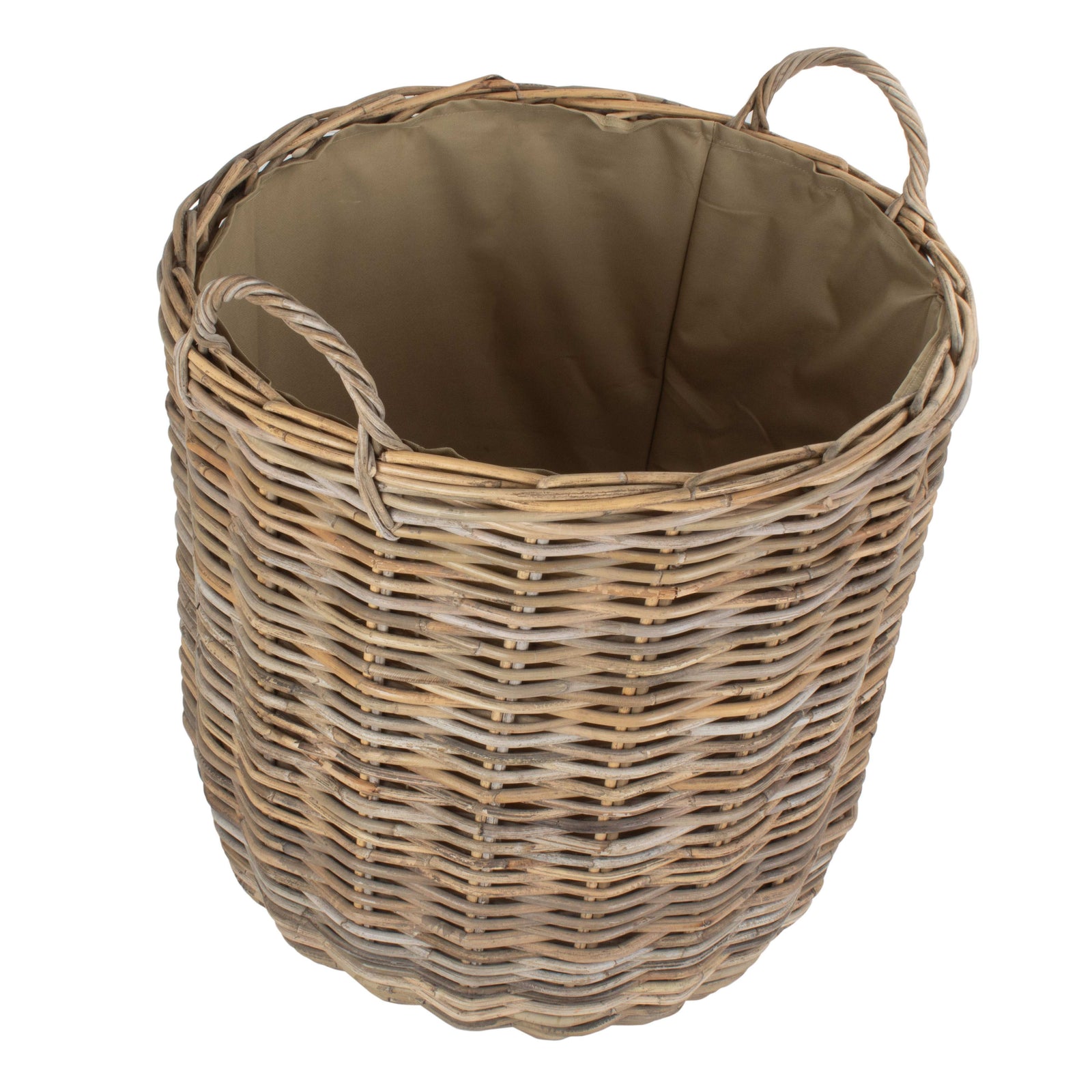 Cordura Lined Tall Round Fireside Grey Rattan Log Basket | Large | Brown