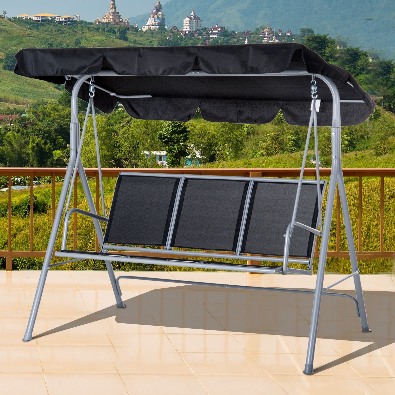 Outsunny Metal Swing Chair Garden Hammock 3 Seater Patio Bench Canopy ...