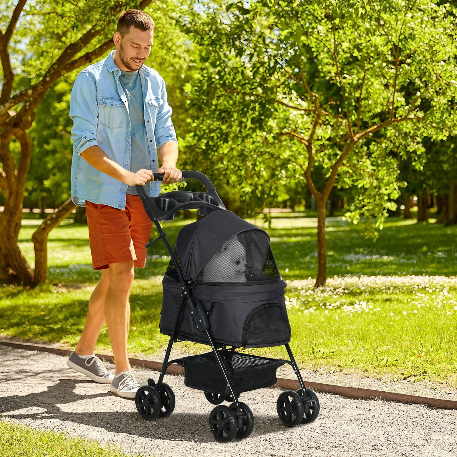 Pet Stroller Foldable Travel Carriage With Brake Basket Canopy | Black