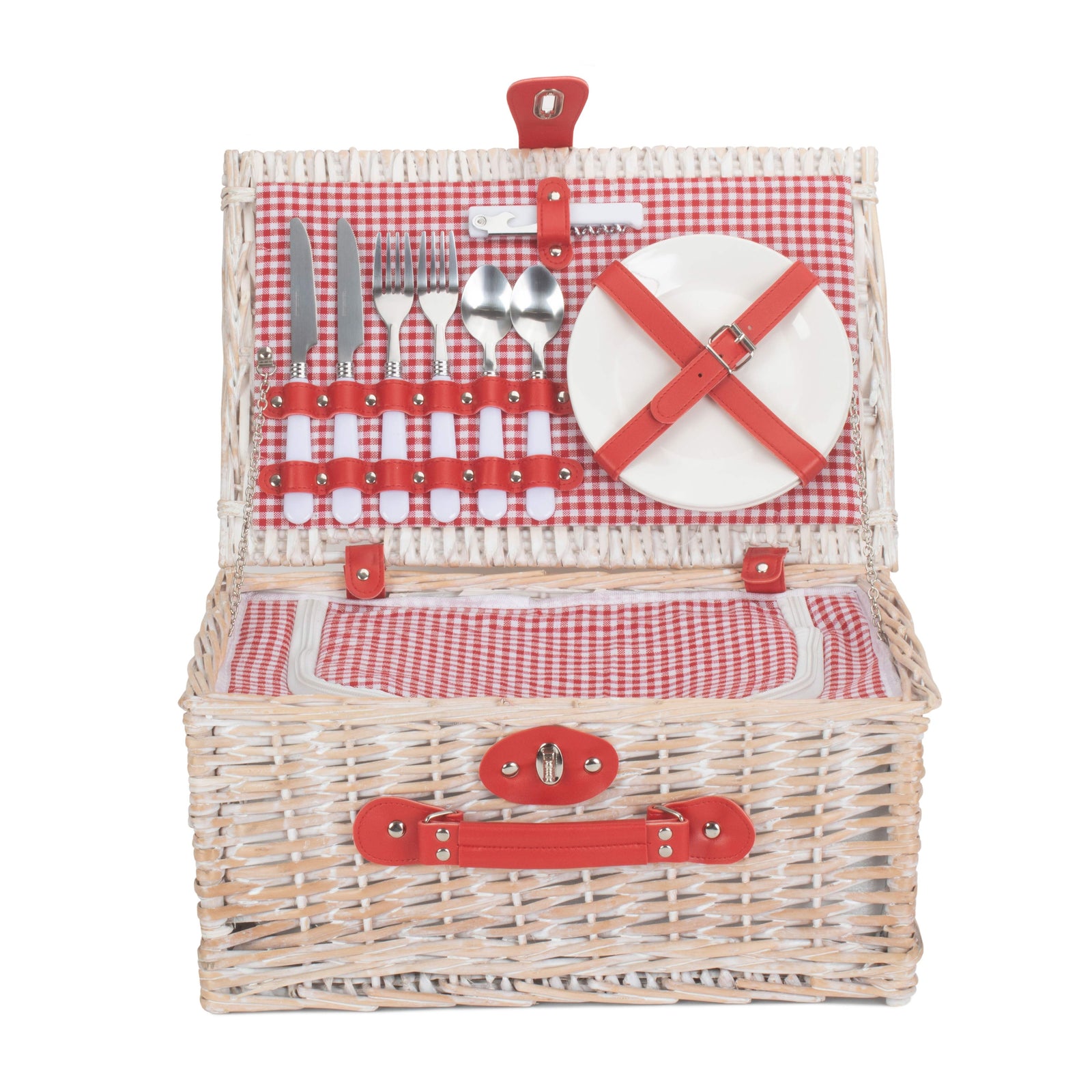 Gingham 2 Person Fitted Picnic Wicker Basket | Red