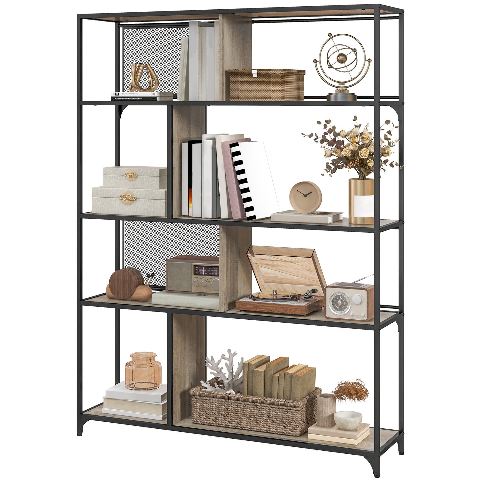 Industrial 5 Tier Book Shelf With Sliding Mesh Doors