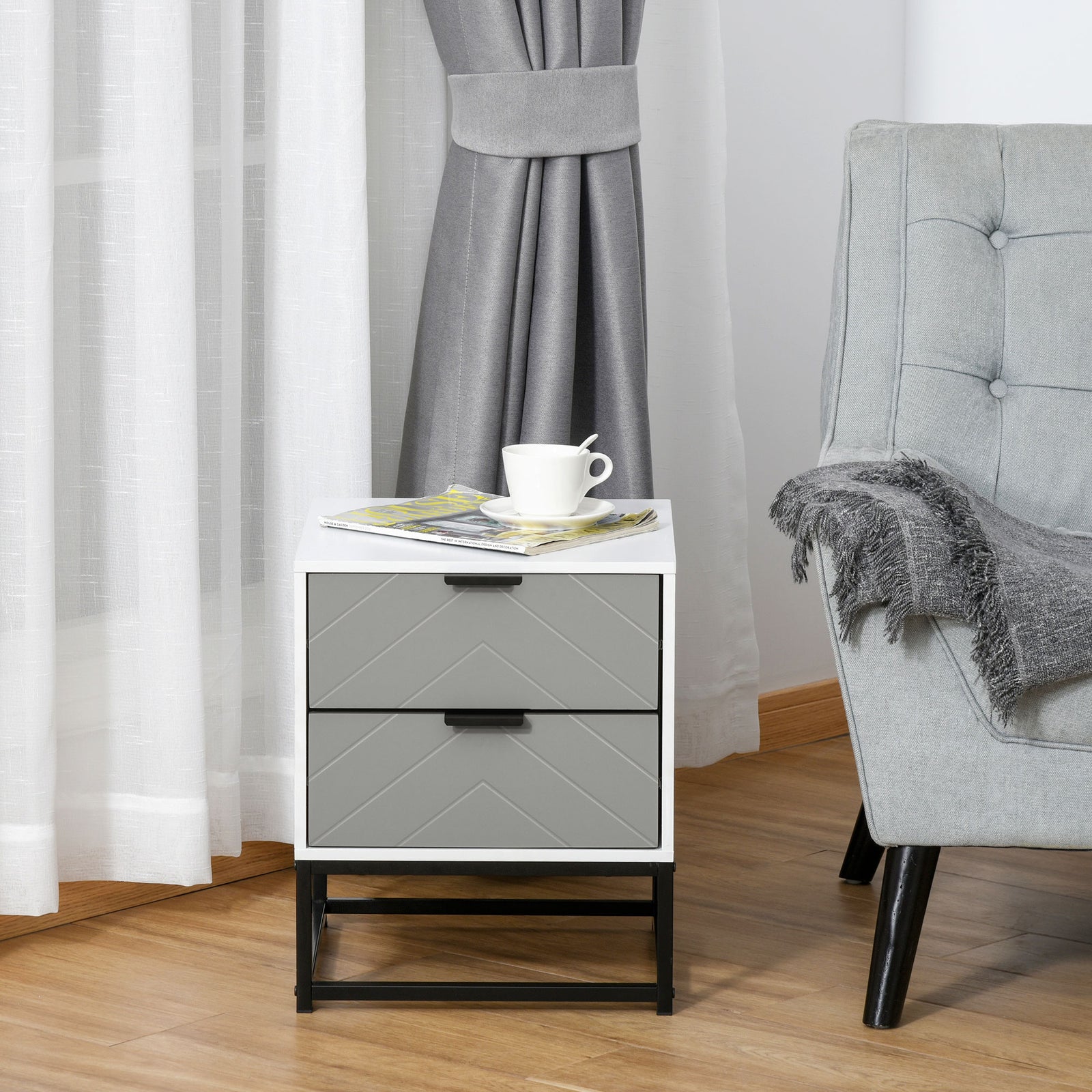 Bedside Cabinet With Metal Base And 2 Drawer Storage