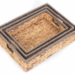 Shallow Rectangular Water Hyacinth With Grey Rope Border Storage Basket | Set-of-3 | Brown