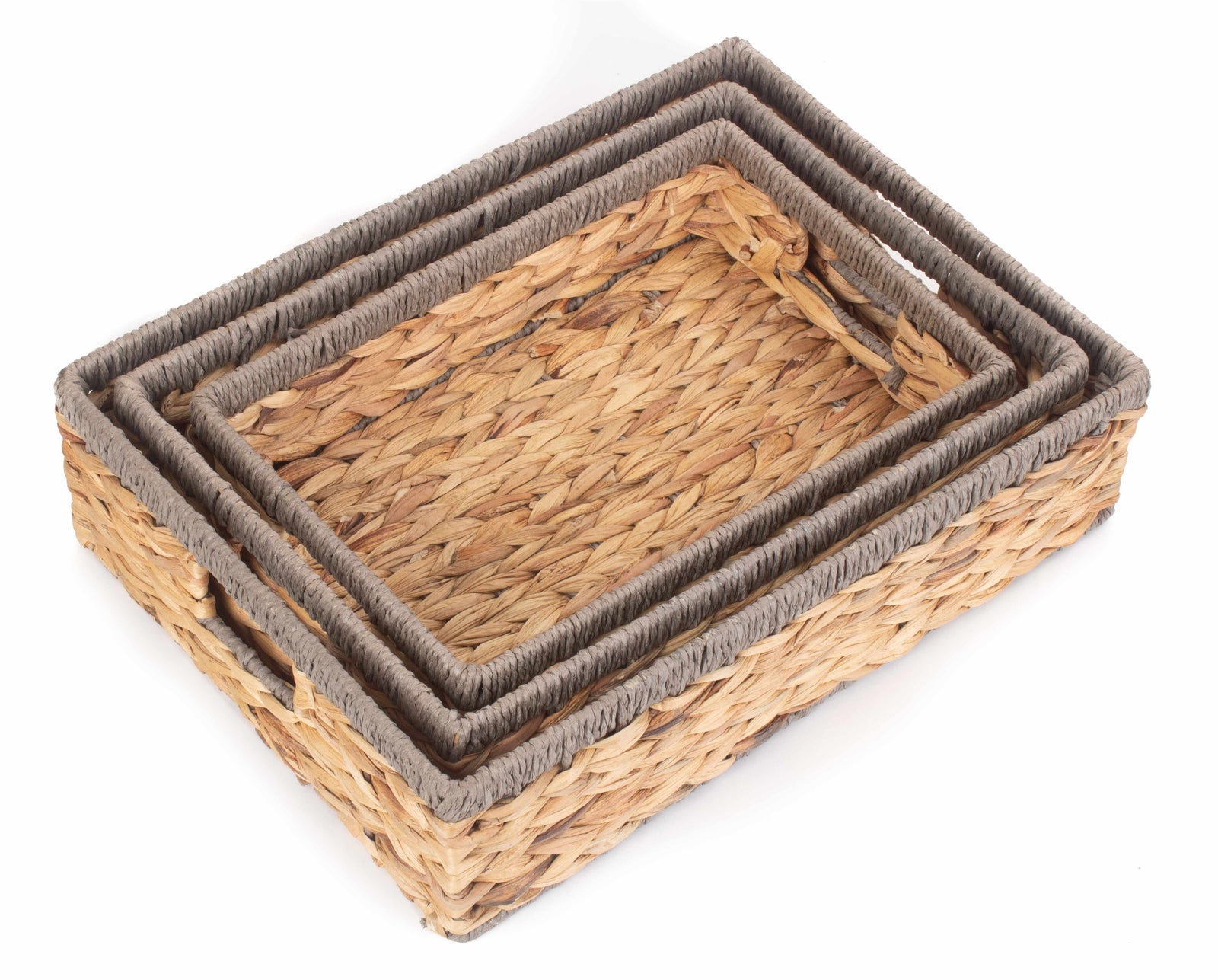 Shallow Rectangular Water Hyacinth With Grey Rope Border Storage Basket | Set-of-3 | Brown