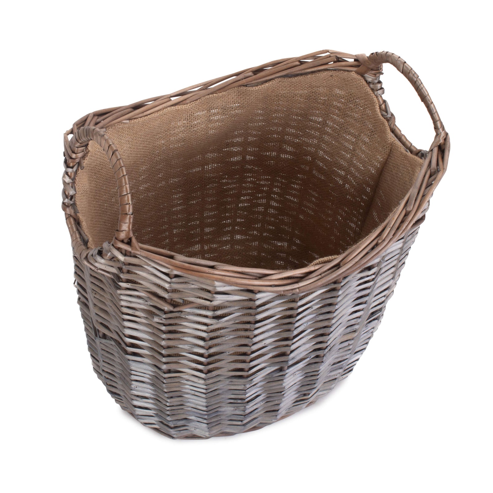 Wicker Scoop Neck Antique Wash Hessian Lined Log Basket | Small | Brown