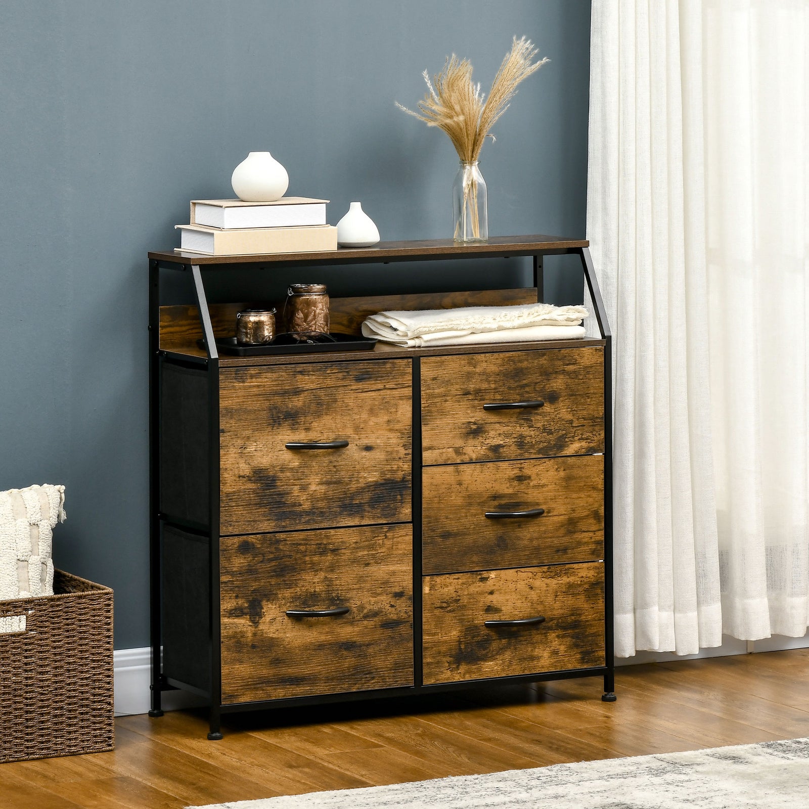 Bedroom Chest Of Drawers With 5 Fabric Drawers, Open Shelf