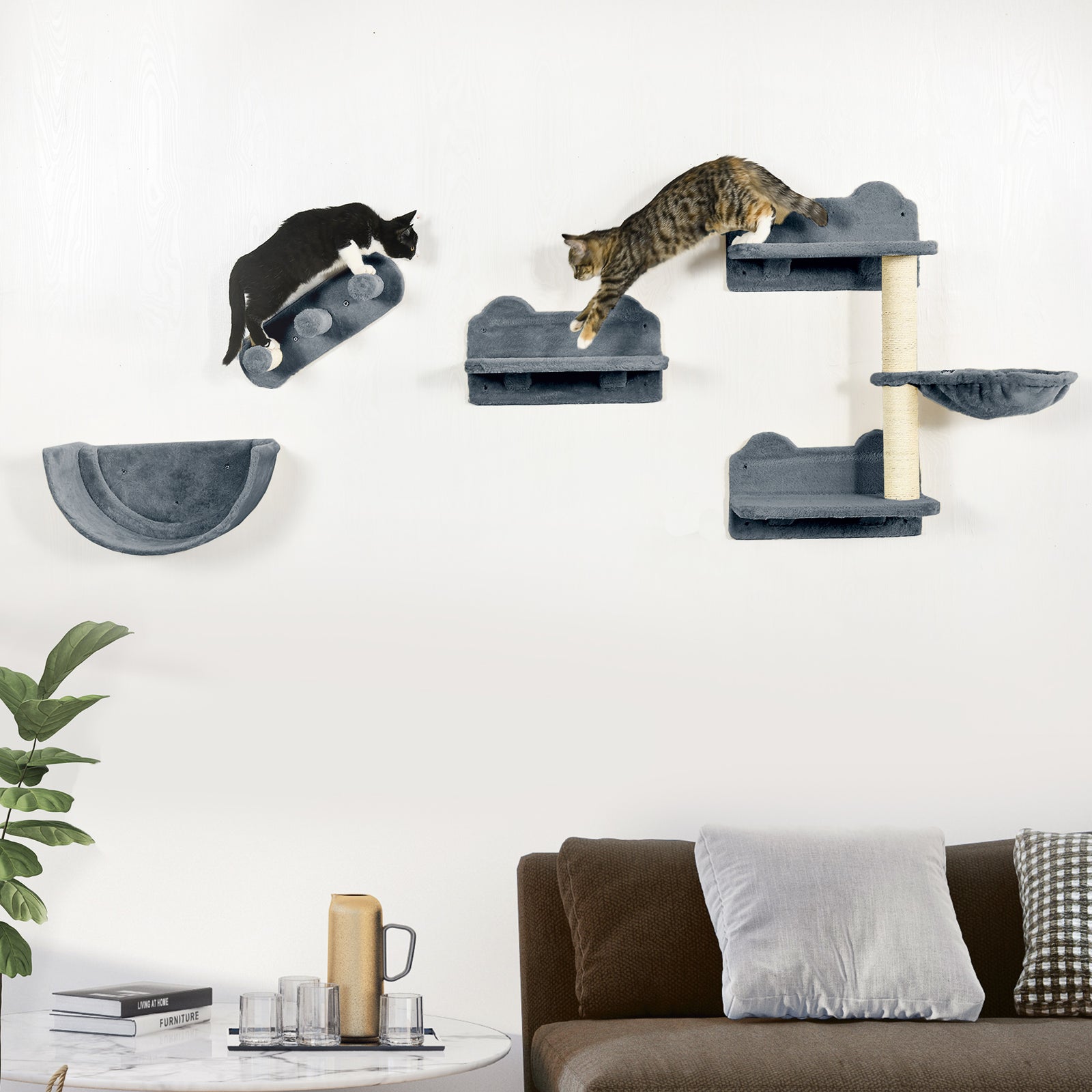 4pcs Wall Mounted Cat Tree Cat Wall Shelves W/ Scratching Post | Gray