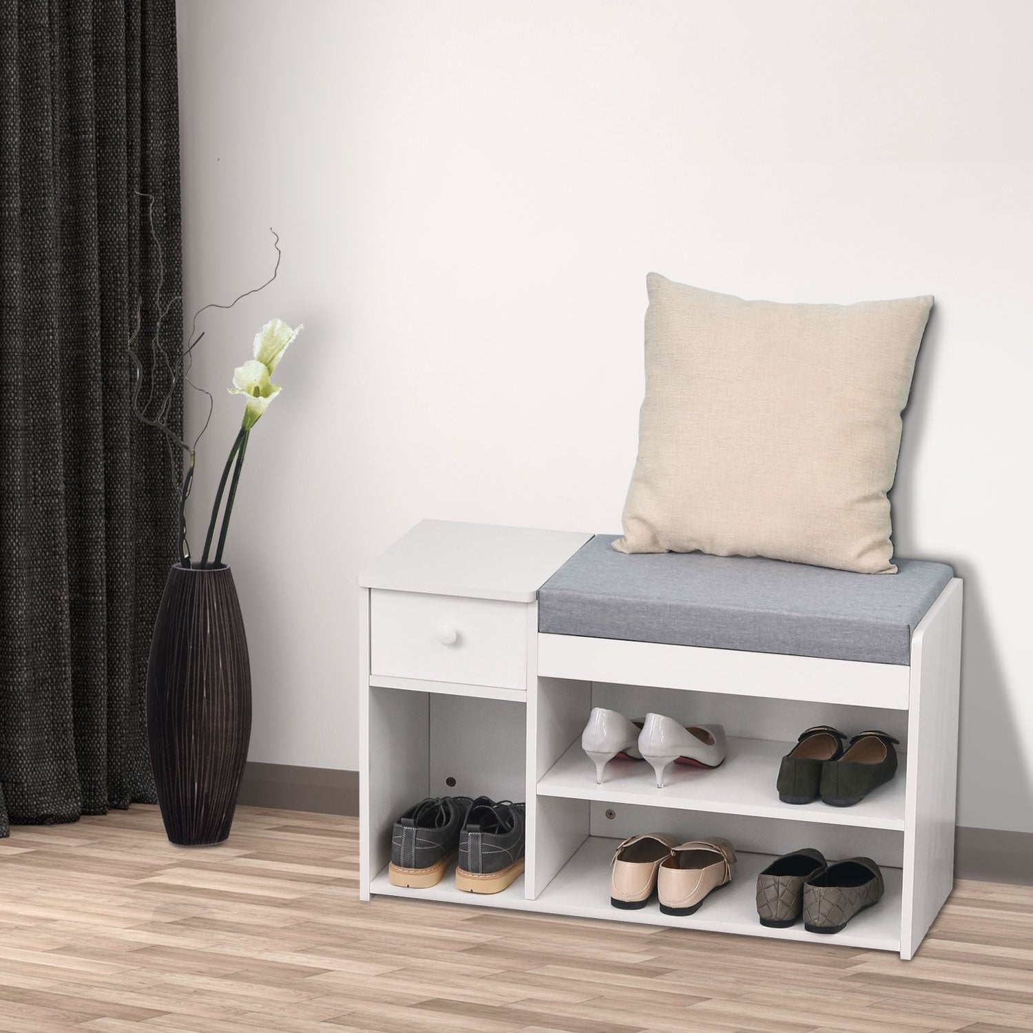 Multi-storage Shoe Bench Drawer 3 Compartments Cushion