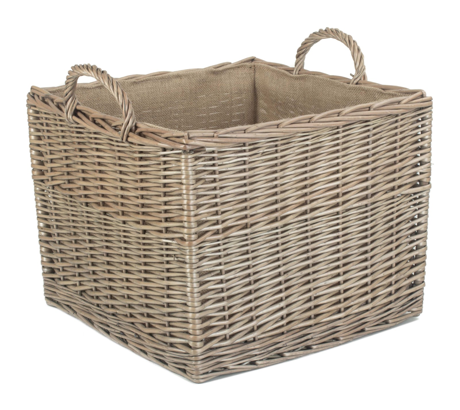 Wicker Antique Wash Square Hessian Lined Log Basket | Large | Brown