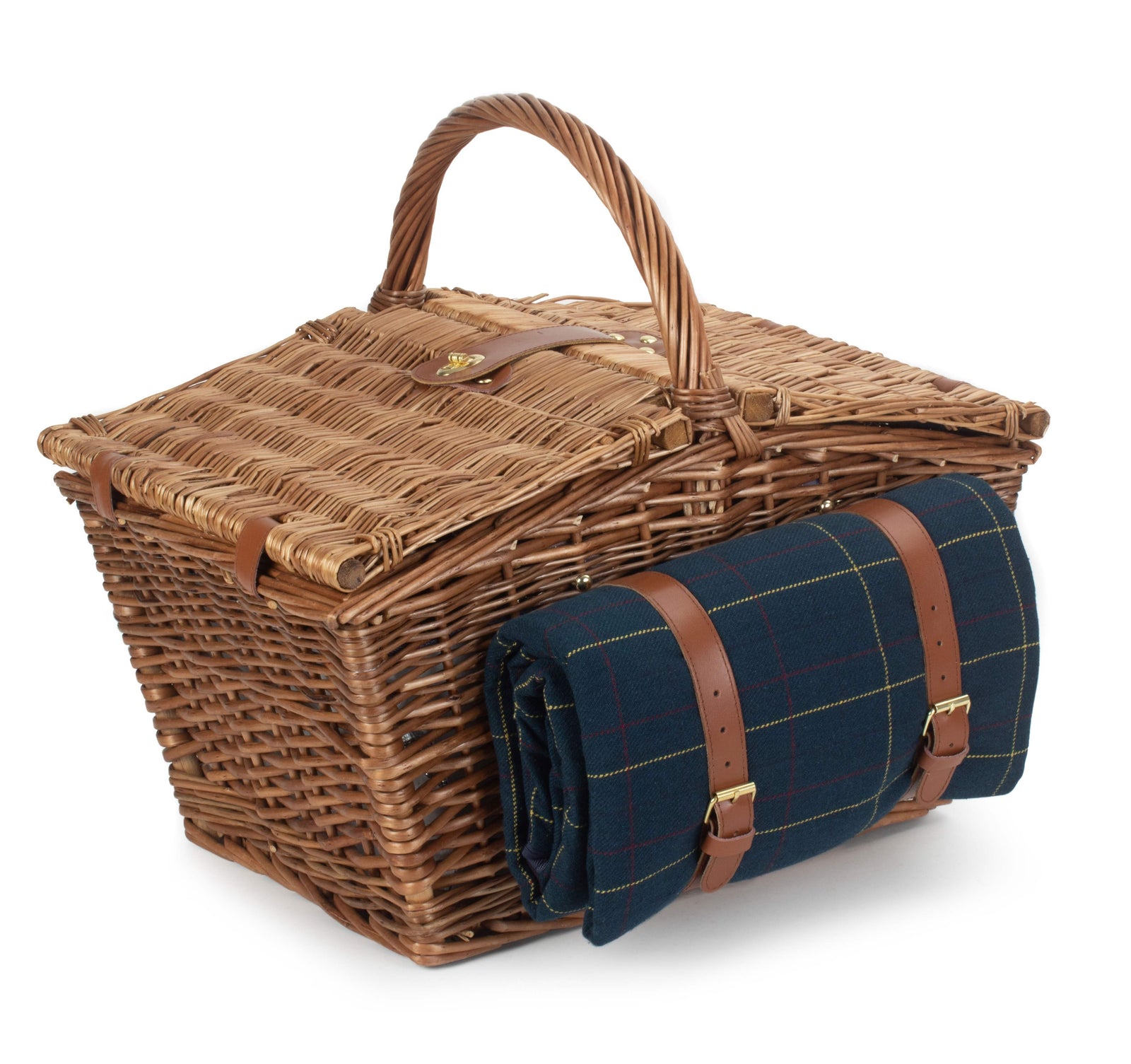 Elegant Blue Tweed Fitted Picnic Wicker Basket | 2-Person | Blue