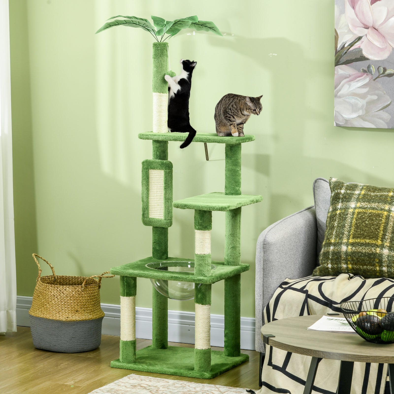 142cm Cat Tree Tower W/ Scratching Post, Hammock, Ball, Platforms, Green