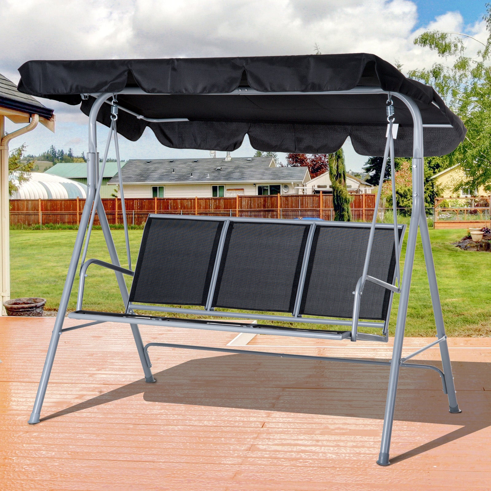 Outsunny Metal Swing Chair Garden Hammock 3 Seater Patio Bench Canopy ...