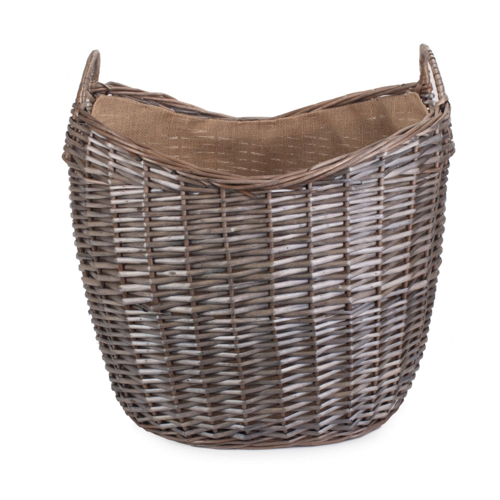 Wicker Scoop Neck Antique Wash Hessian Lined Log Basket | Large | Brown