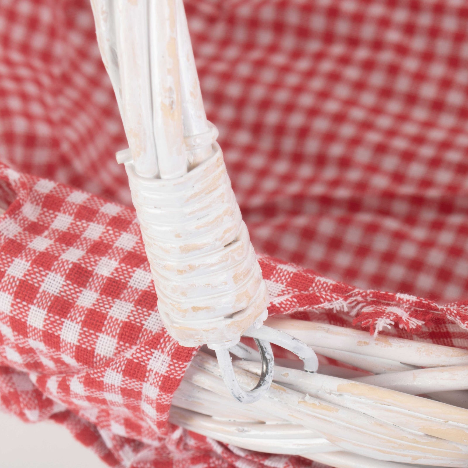 Red Checked Cotton Lined White Painted Swing Handle Wicker Shopping Basket | Medium