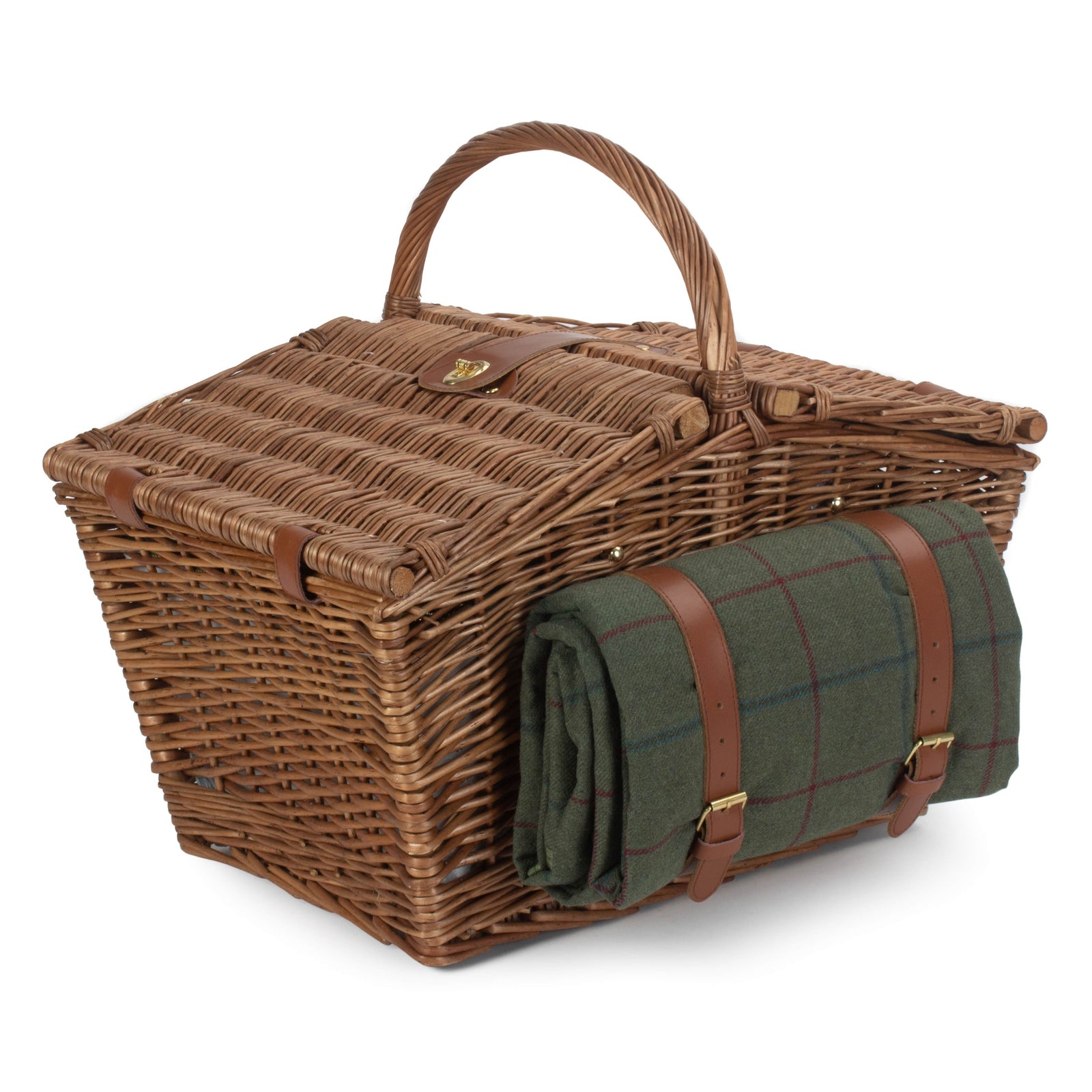 Elegant Blue Tweed Fitted Picnic Wicker Basket | 4-Person | Green