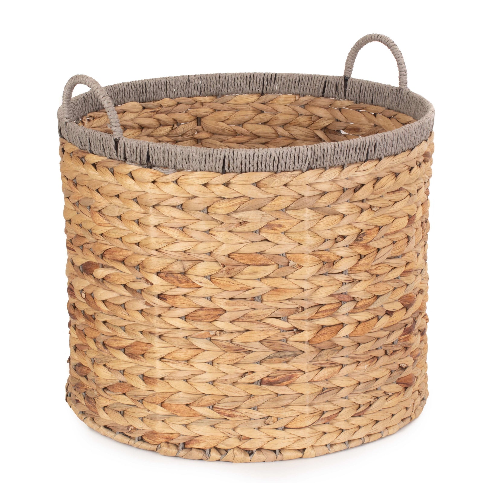 Round Water Hyacinth Basket With Grey Rope Border | Large | Brown