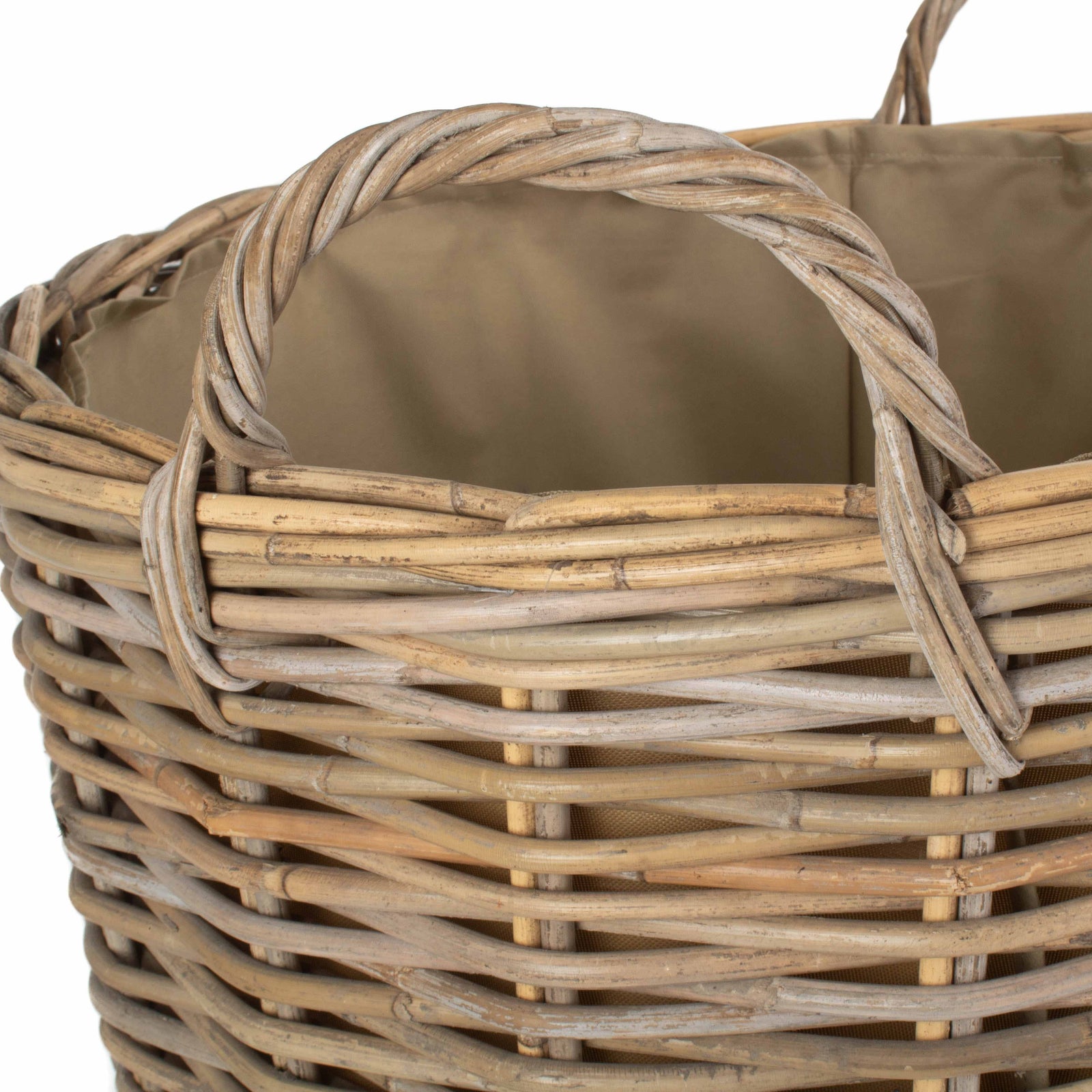 Cordura Lined Tall Round Fireside Grey Rattan Log Basket | Large | Brown