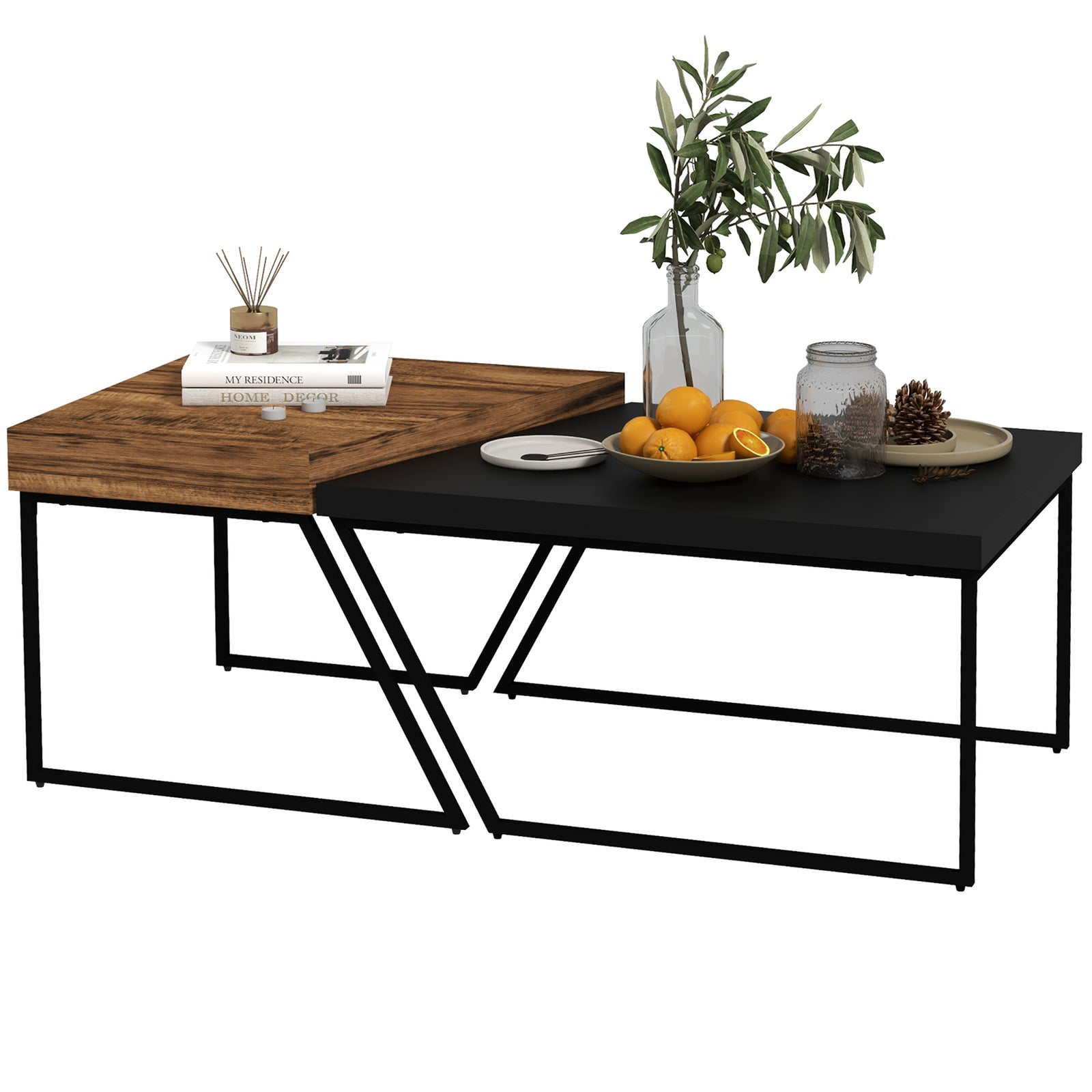 Industrial Coffee Table Set, 2 Geometric Tables