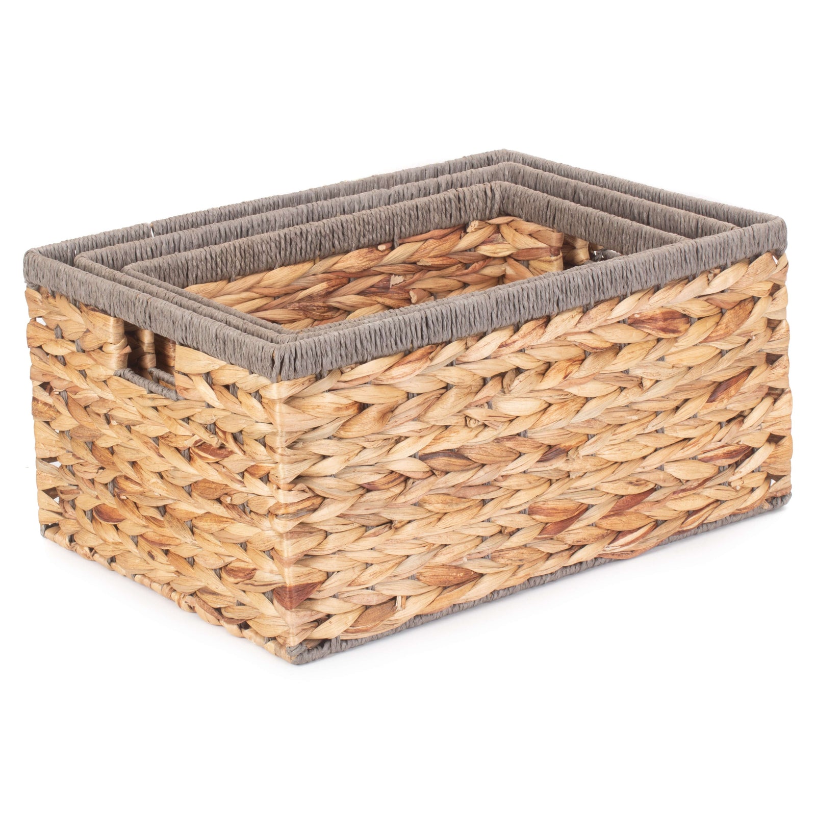 Water Hyacinth With Grey Rope Border Rectangular Storage Basket | Set-of-3 | Brown